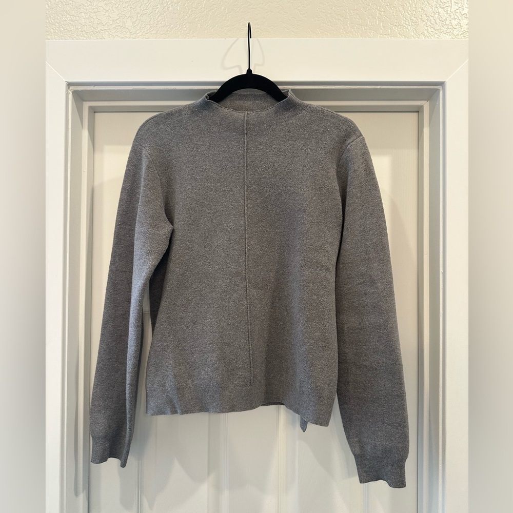 Gray Knit Crewneck Sweater with Ribbed Details